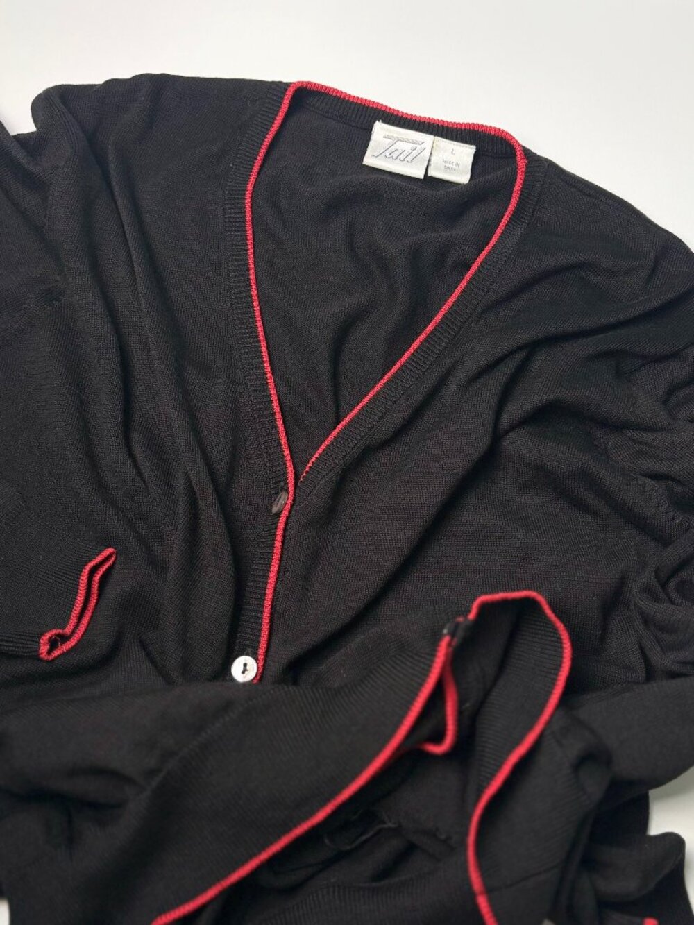 Tail Women's Silk Blend Cardigan Sweater Size Large Black w/ Red Contrast Trim